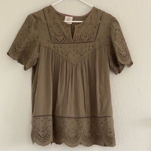 Knox Rose M army green eyelet blouse short sleeve Boho romantic feminine top